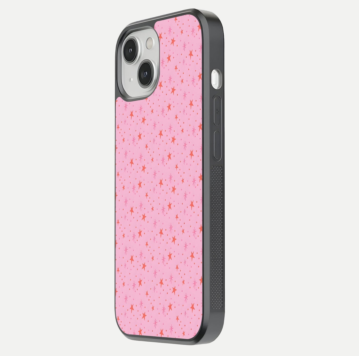 Cosmic Pink Sparkle iPhone 13 Mini glass phone case side profile view focusing on sleek edges and seamless wrap