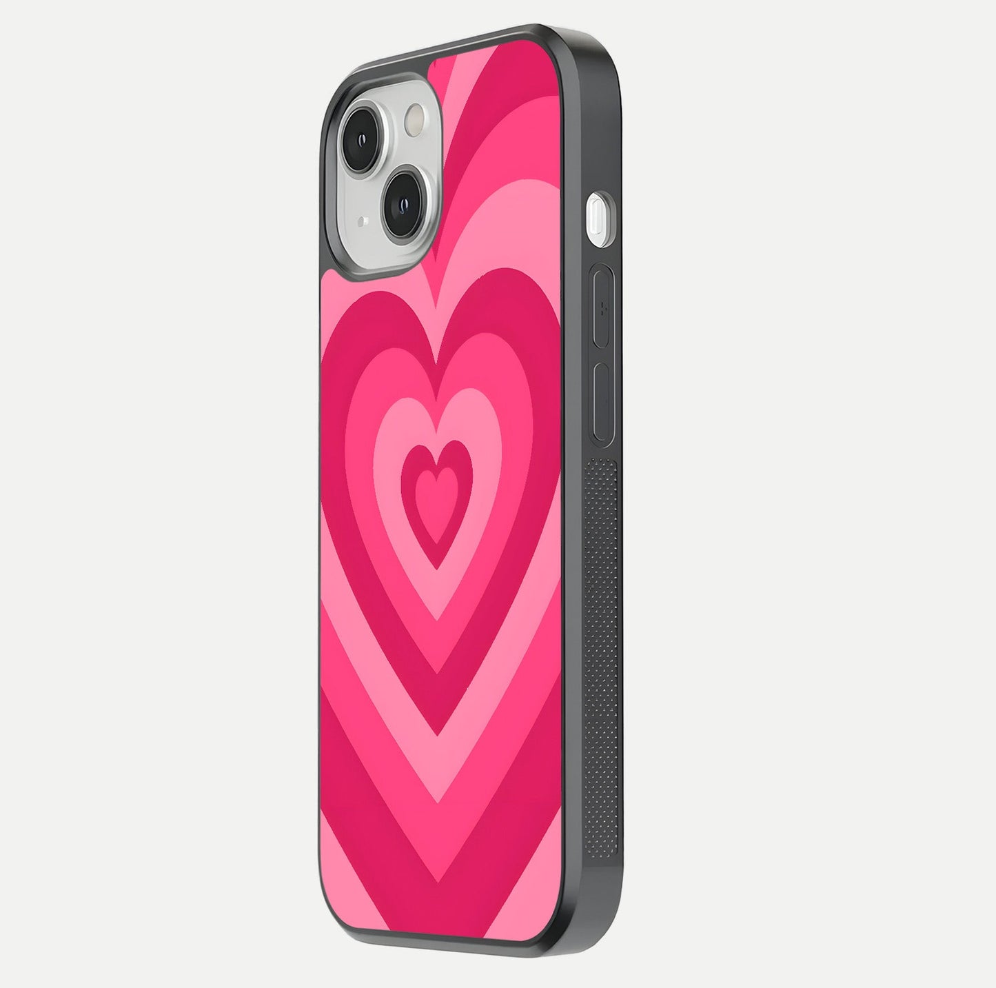 Layered Love Hearts iPhone 13 Mini glass phone case side profile view focusing on sleek edges and seamless wrap
