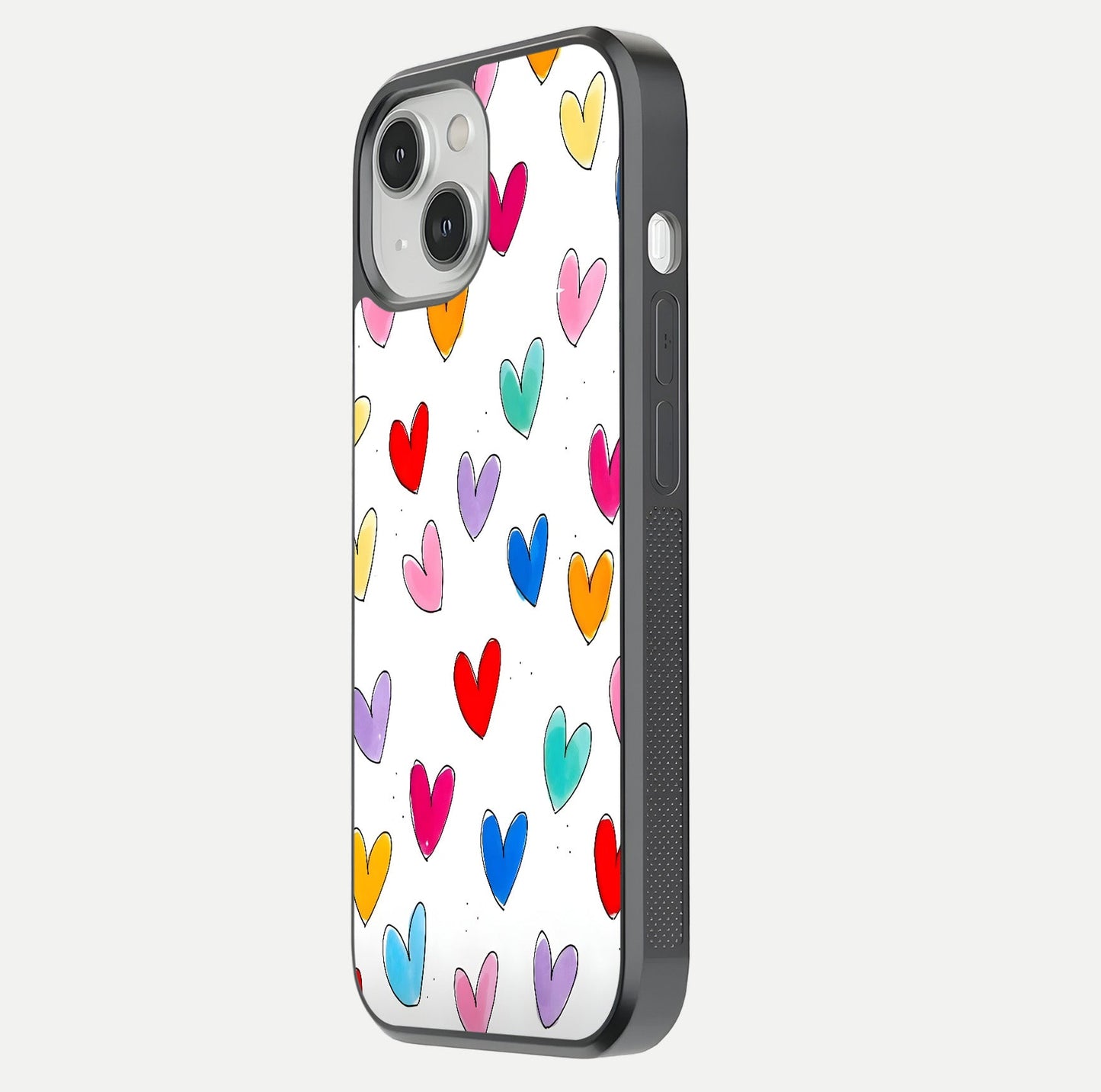 Playful Love Doodles iPhone 13 Mini glass phone case side profile view focusing on smooth frame and seamless wrap
