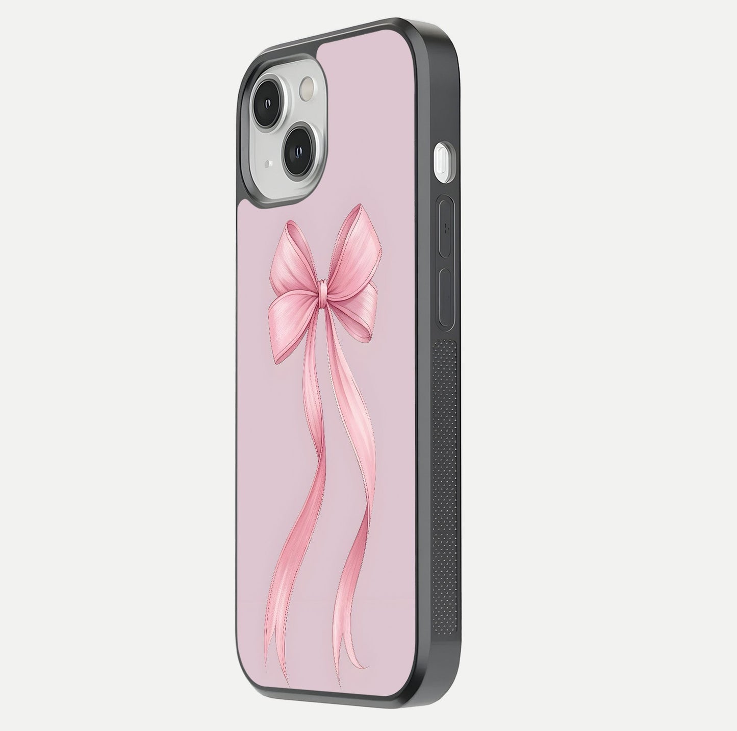 Soft Blush Bow iPhone 13 Mini glass phone case side profile view focusing on sleek edges and seamless wrap