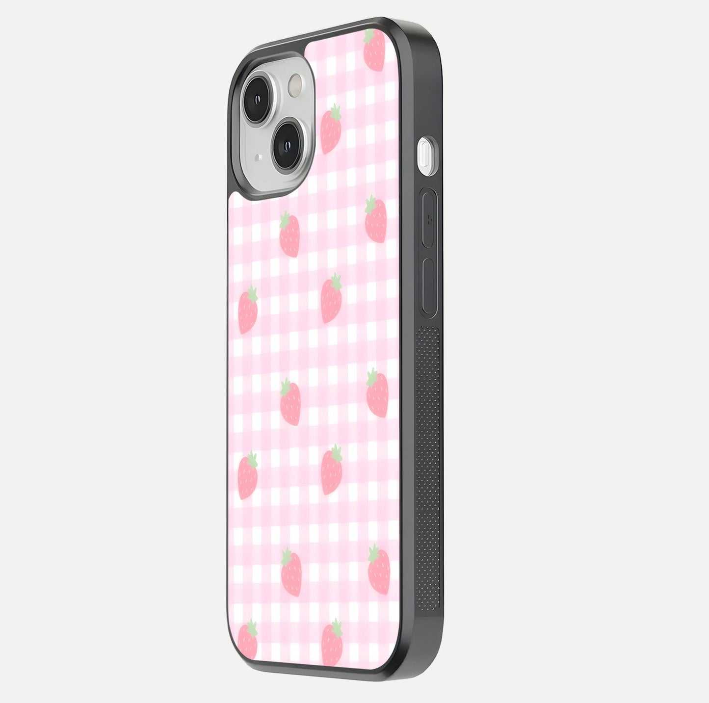 Strawberry Picnic Love iPhone 13 Mini glass phone case side profile view focusing on smooth frame and seamless wrap