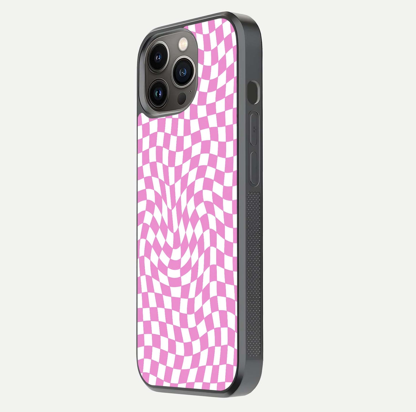 Bubblegum Check Wave iPhone 13 Pro glass phone case side profile view focusing on smooth edges and seamless wrap