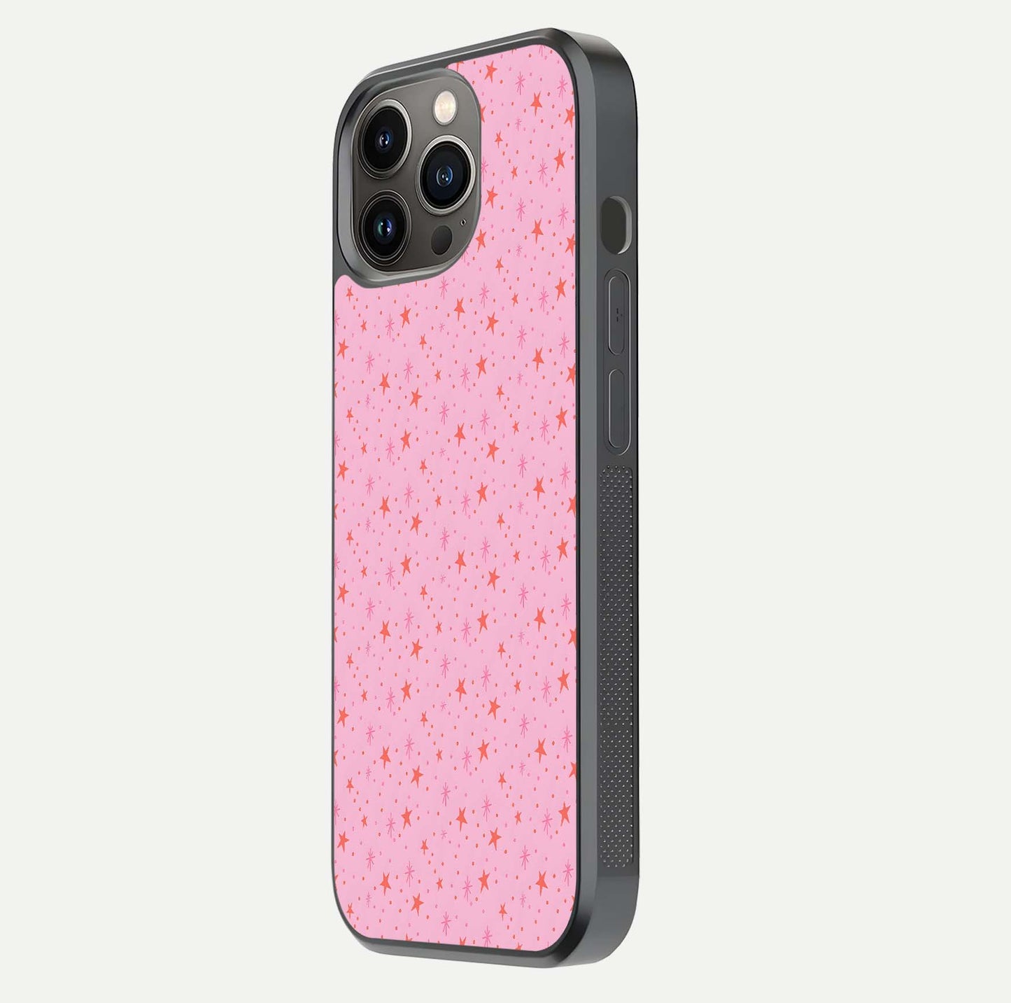 Cosmic Pink Sparkle iPhone 13 Pro glass phone case side profile view focusing on sleek edges and seamless wrap