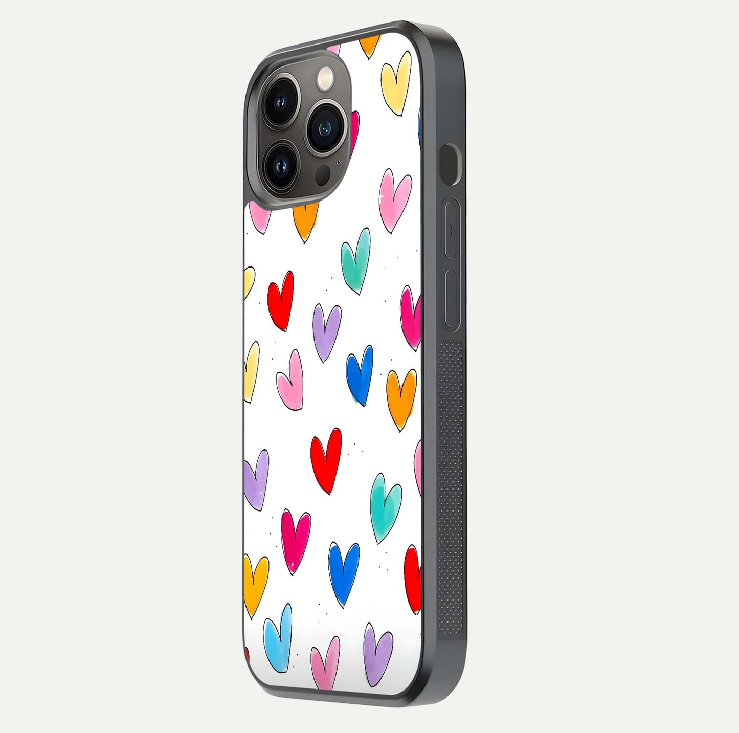 Playful Love Doodles iPhone 13 Pro glass phone case side profile view focusing on smooth frame and seamless wrap