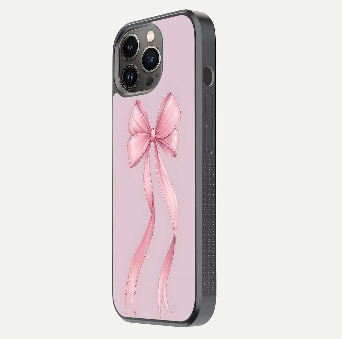 Soft Blush Bow iPhone 13 Pro glass phone case side profile view focusing on sleek edges and seamless wrap