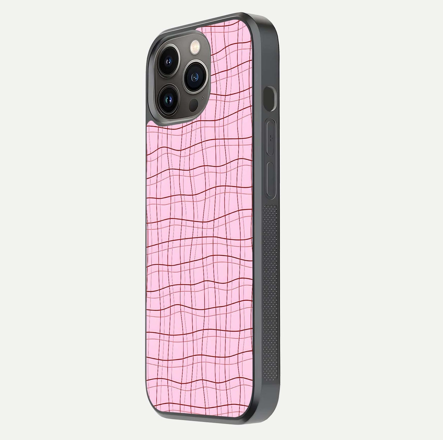 Soft Grid Bliss iPhone 13 Pro glass phone case side profile view focusing on sleek edges and seamless wrap