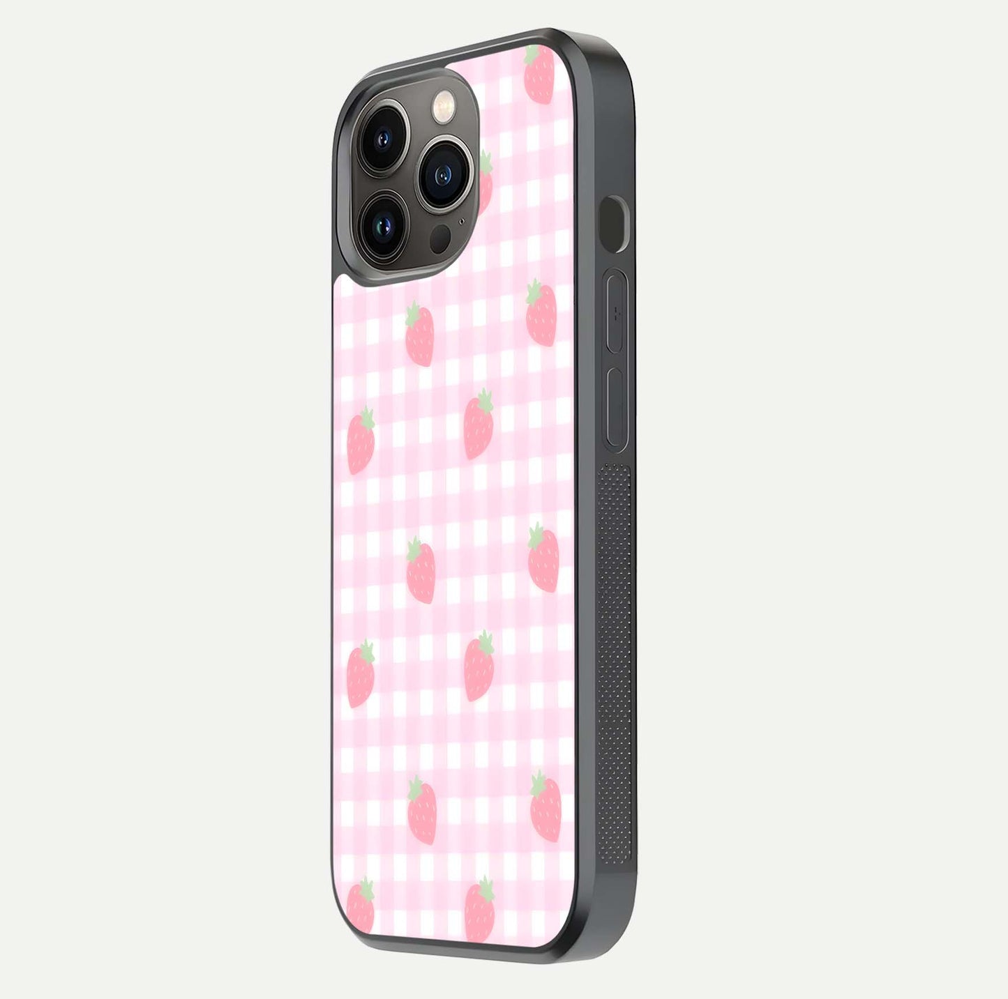 Strawberry Picnic Love iPhone 13 Pro glass phone case side profile view focusing on smooth frame and seamless wrap