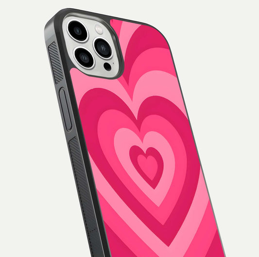 Layered Love Hearts iPhone 13 Pro Max glass phone case angled back view highlighting heart artwork and textured grip edges