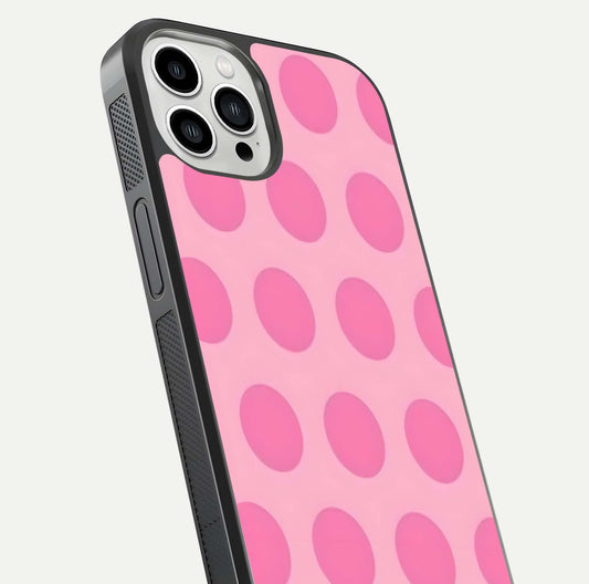 Sweet Dot Dreams iPhone 13 Pro Max glass phone case angled back view highlighting dotted artwork and side grip texture