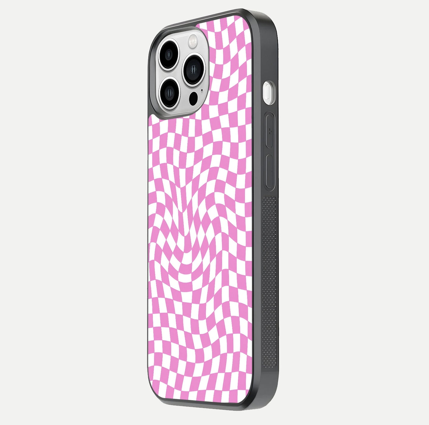 Bubblegum Check Wave iPhone 13 Pro Max glass phone case side profile view focusing on smooth edges and seamless wrap