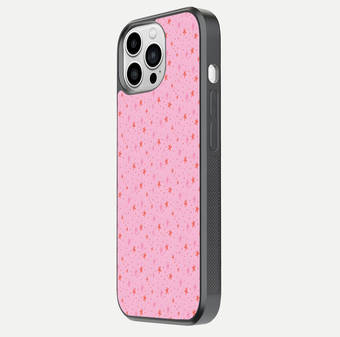 Cosmic Pink Sparkle iPhone 13 Pro Max glass phone case side profile view focusing on sleek edges and seamless wrap