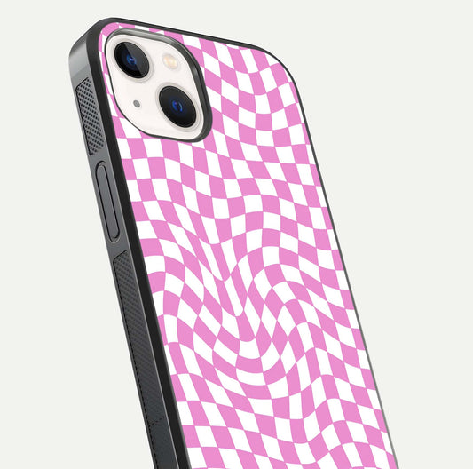 Bubblegum Check Wave iPhone 14 glass phone case angled back view highlighting check wave artwork and side grip texture