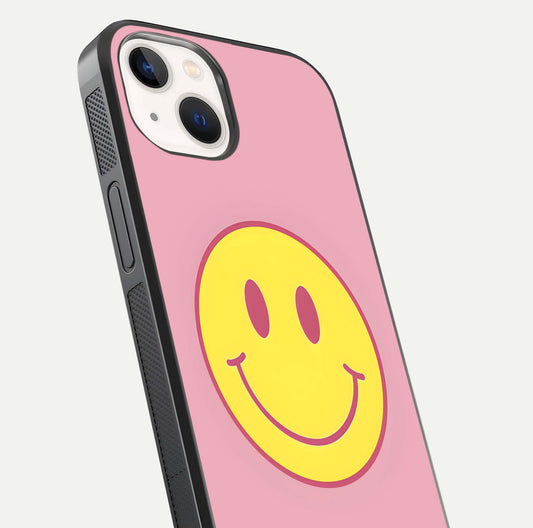 Happy Pink Mood iPhone 14 glass phone case angled back view highlighting bright pink artwork and side grip texture