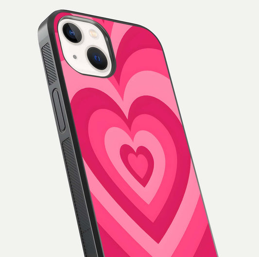 Layered Love Hearts iPhone 14 glass phone case angled back view highlighting heart artwork and textured grip edges
