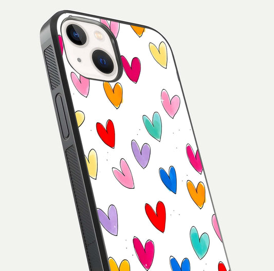 Playful Love Doodles iPhone 14 glass phone case angled back view highlighting doodle artwork and textured grip edges