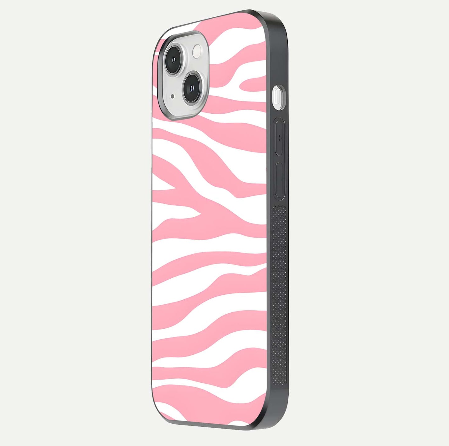 Blush Zebra Flow iPhone 14 glass phone case side profile view focusing on sleek frame and seamless wrap