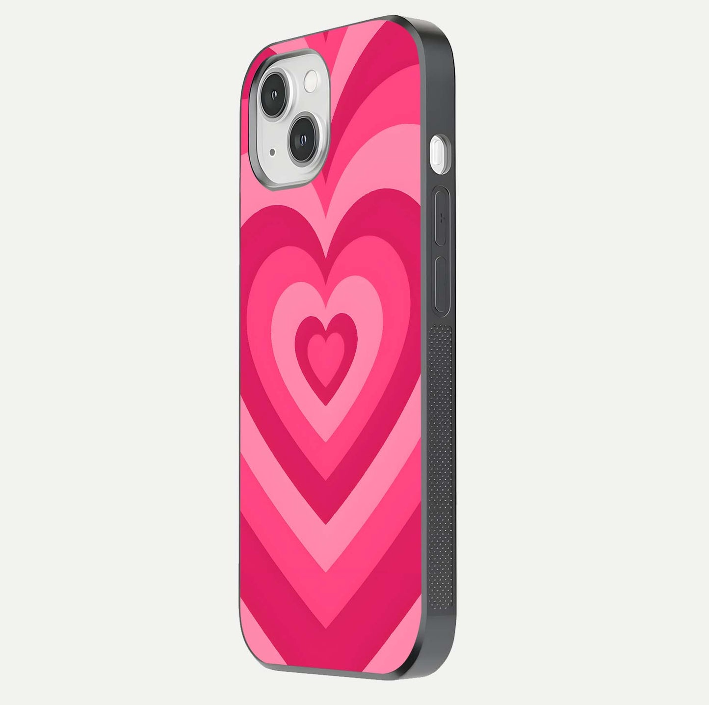 Layered Love Hearts iPhone 14 glass phone case side profile view focusing on sleek edges and seamless wrap
