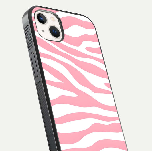 Blush Zebra Flow iPhone 14 Plus glass phone case angled back view highlighting bold zebra artwork and textured side grip
