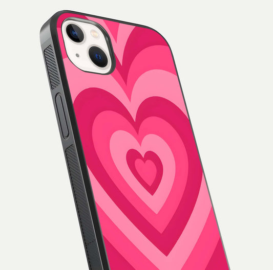 Layered Love Hearts iPhone 14 Plus glass phone case angled back view highlighting heart artwork and textured grip edges