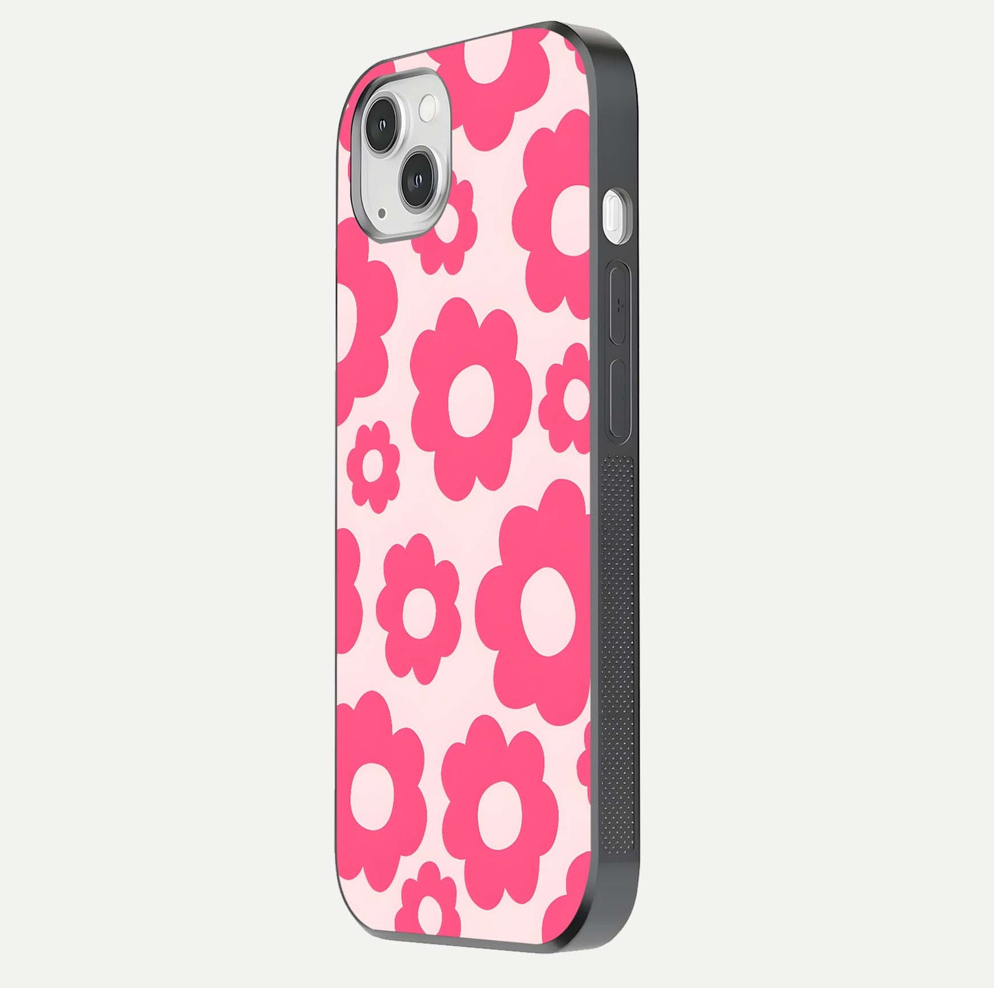 Blush Flower Pop iPhone 14 Plus glass phone case side profile view focusing on clean edges and seamless floral wrap