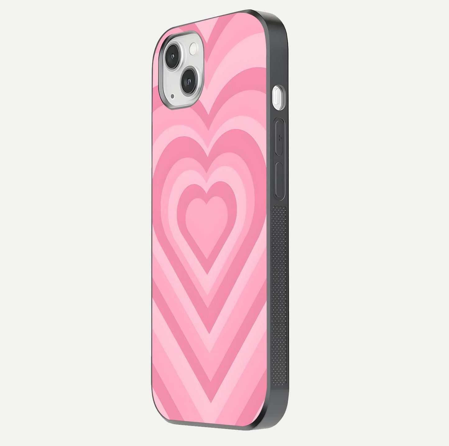 Blush Heart Waves iPhone 14 Plus glass phone case side profile view focusing on smooth edges and elegant wrap