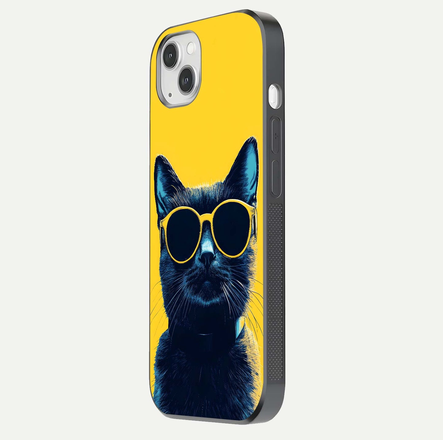 Cool Cat Vibes iPhone 14 Plus glass phone case side profile view focusing on sleek edges and seamless wrap
