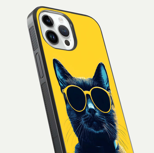 Cool Cat Vibes iPhone 14 Pro glass phone case angled back view highlighting cat artwork and textured side grip