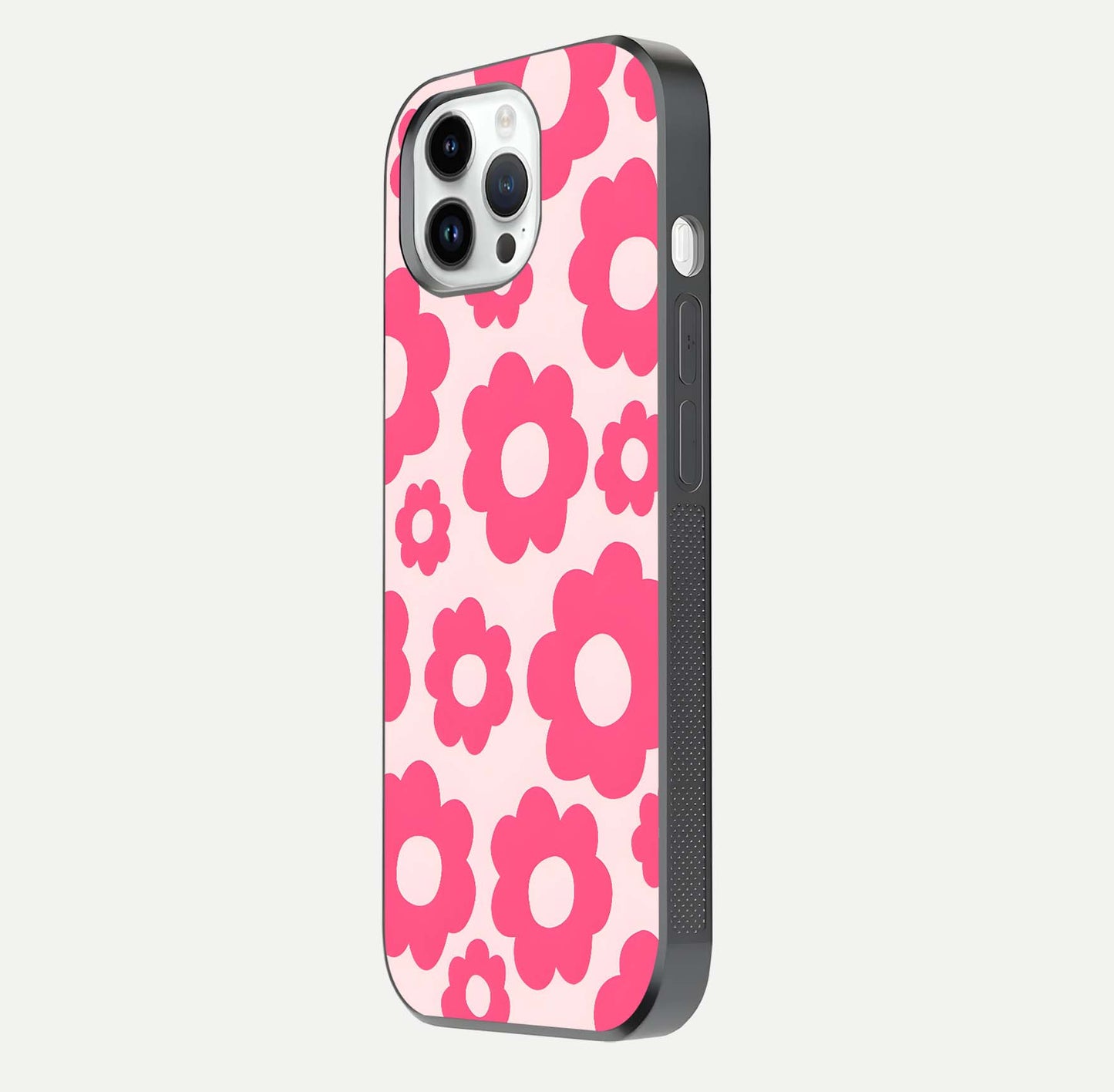 Blush Flower Pop iPhone 14 Pro glass phone case side profile view focusing on clean edges and seamless floral wrap
