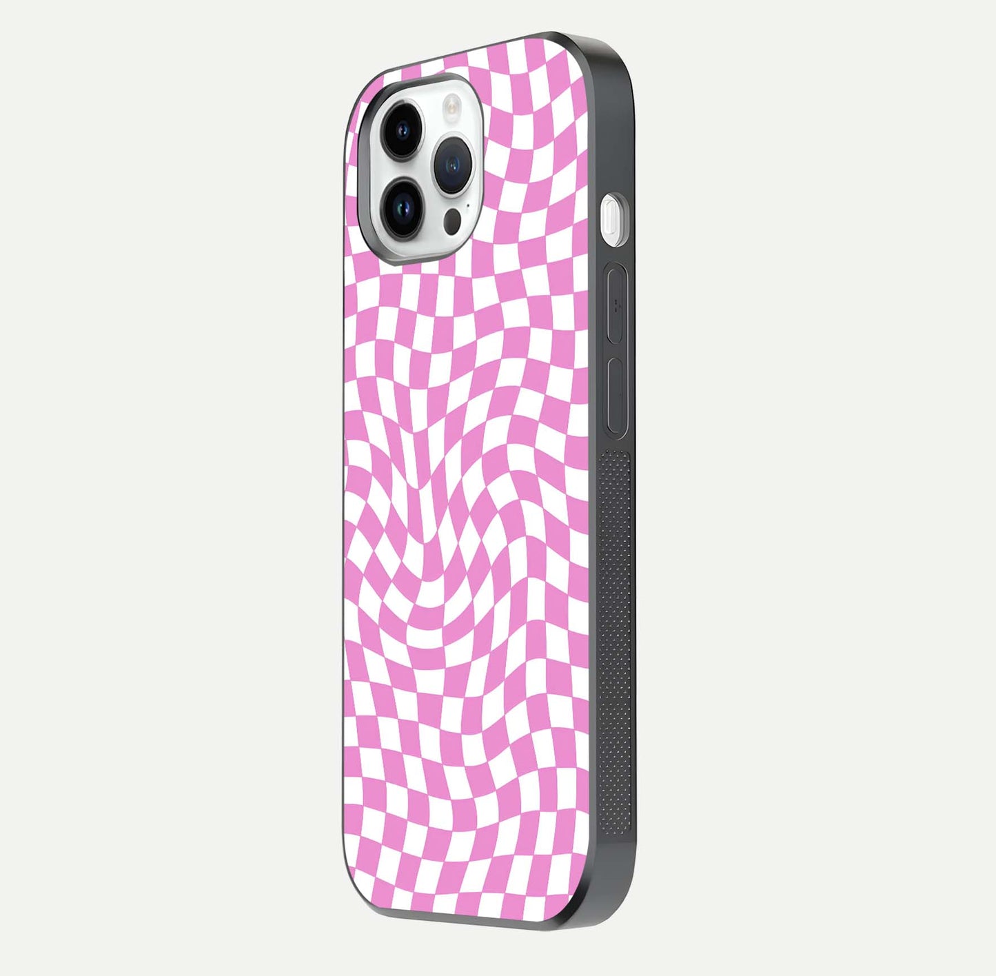 Bubblegum Check Wave iPhone 14 Pro glass phone case side profile view focusing on smooth edges and seamless wrap