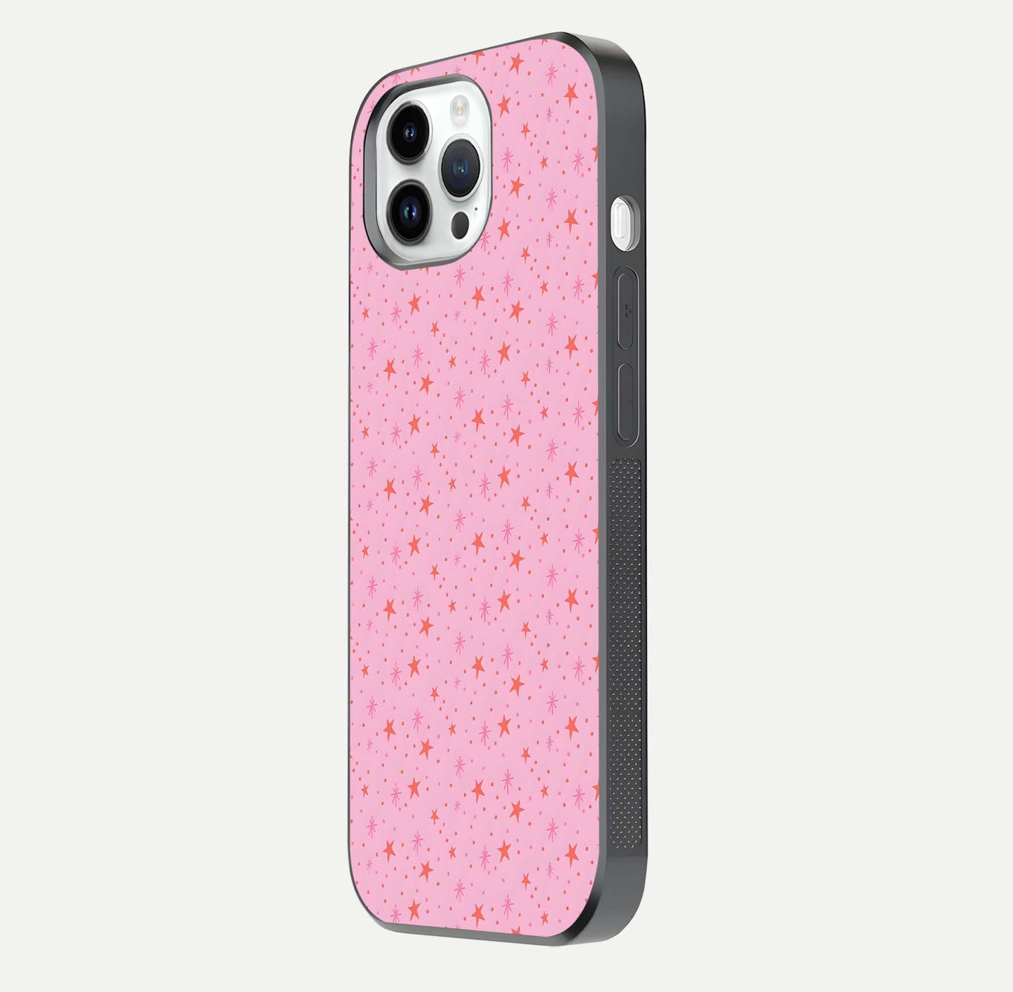 Cosmic Pink Sparkle iPhone 14 Pro glass phone case side profile view focusing on sleek edges and seamless wrap