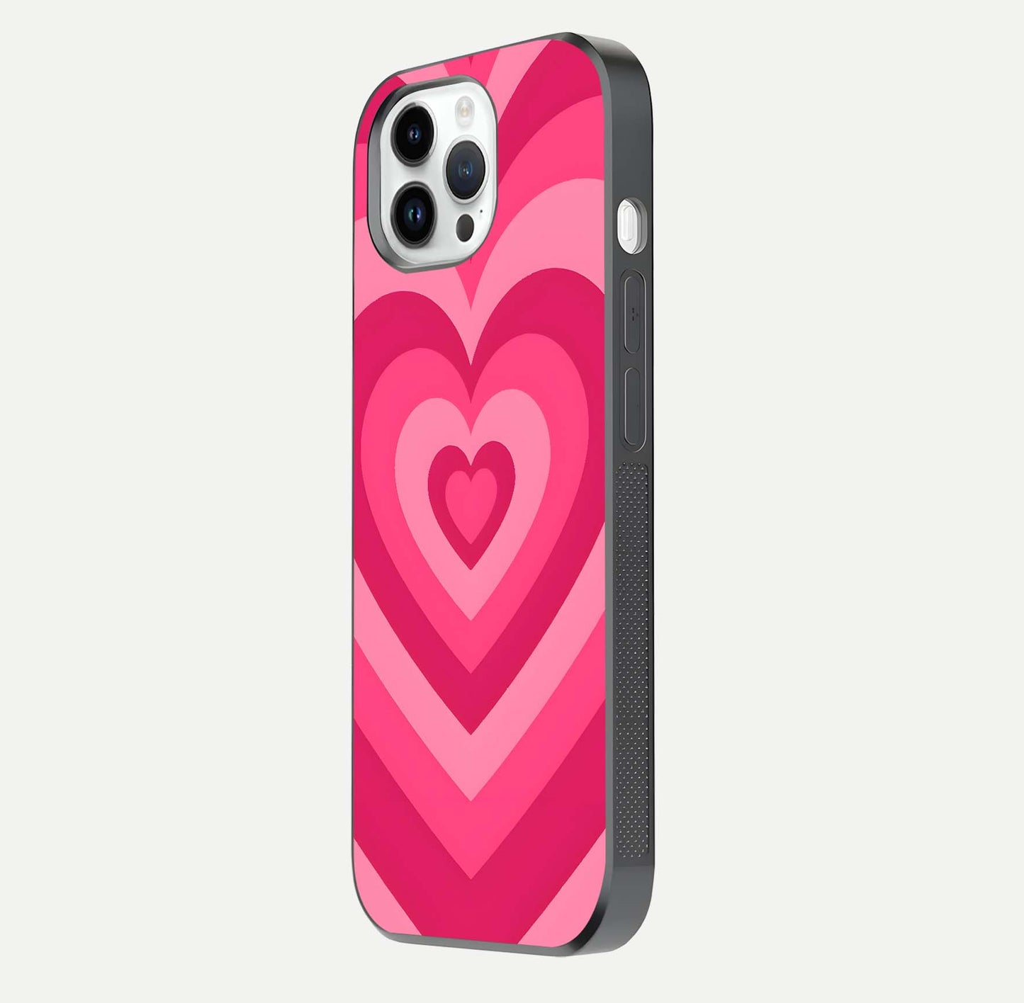 Layered Love Hearts iPhone 14 Pro glass phone case side profile view focusing on sleek edges and seamless wrap