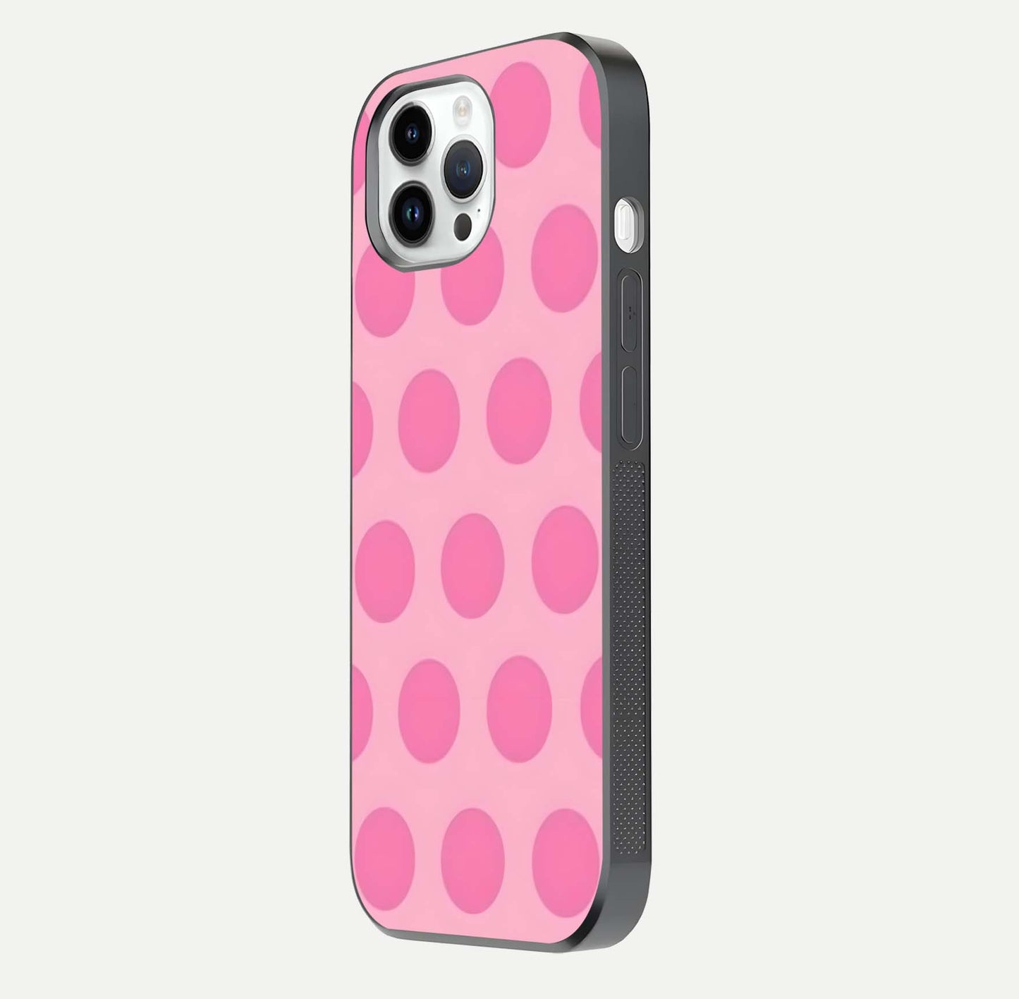 Sweet Dot Dreams iPhone 14 Pro glass phone case side profile view focusing on sleek edges and seamless wrap