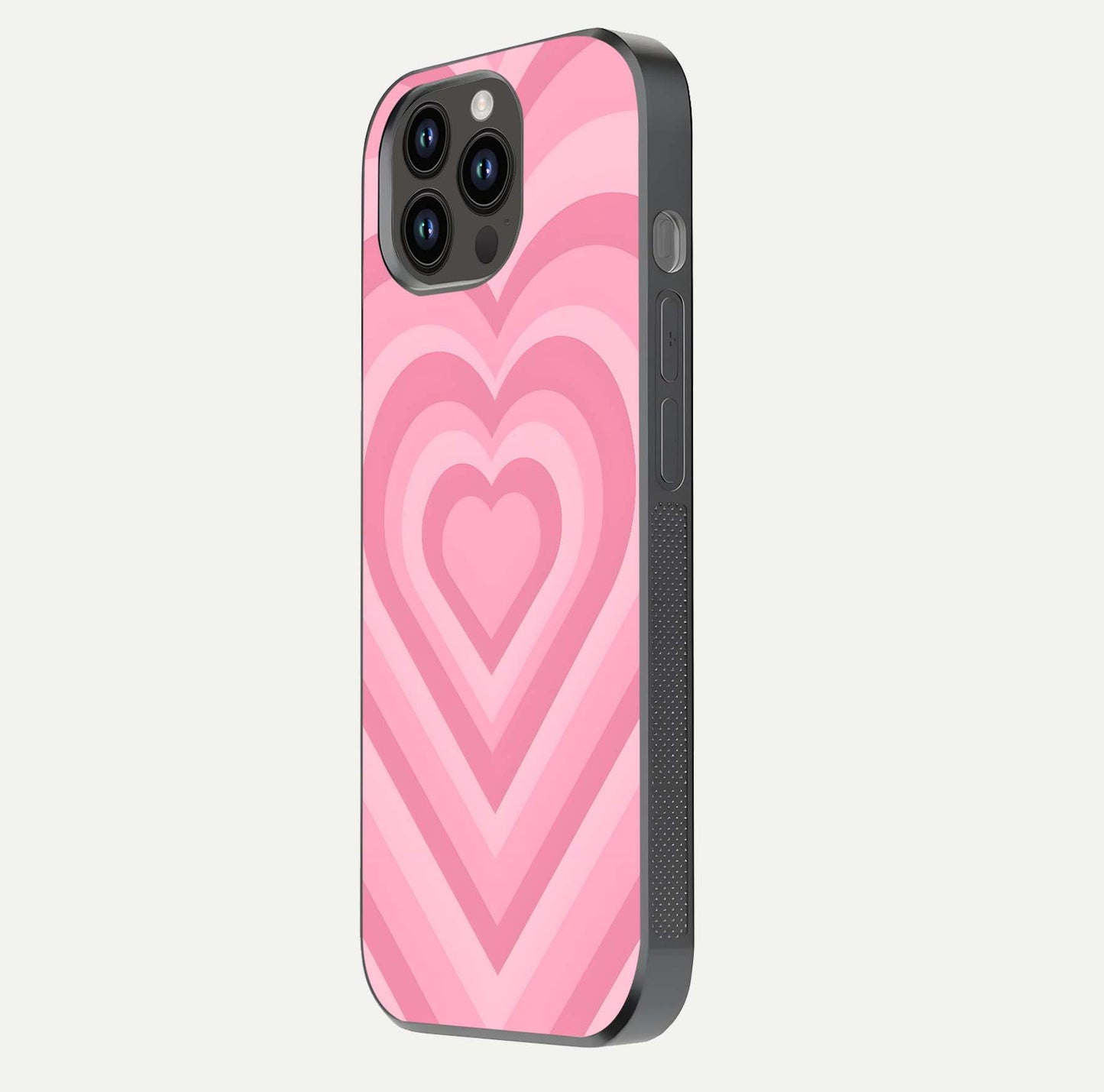 Blush Heart Waves iPhone 14 Pro Max glass phone case side profile view focusing on smooth edges and elegant wrap