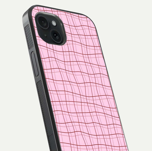 Soft Grid Bliss iPhone 15 Plus glass phone case angled back view highlighting grid artwork and side grip texture