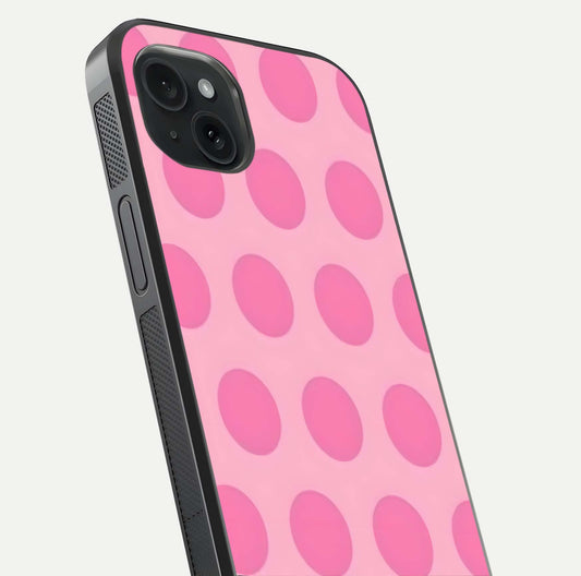 Sweet Dot Dreams iPhone 15 Plus glass phone case angled back view highlighting dotted artwork and side grip texture