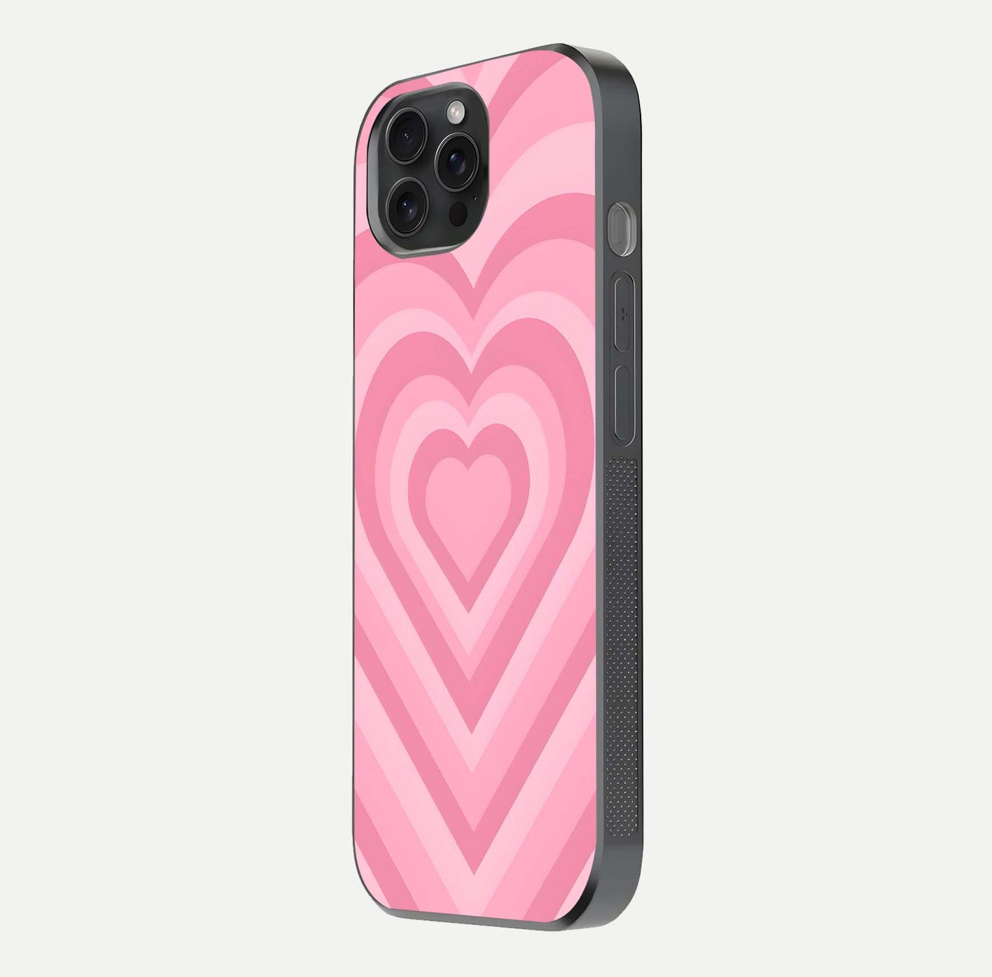 Blush Heart Waves iPhone 15 Pro glass phone case side profile view focusing on smooth edges and elegant wrap