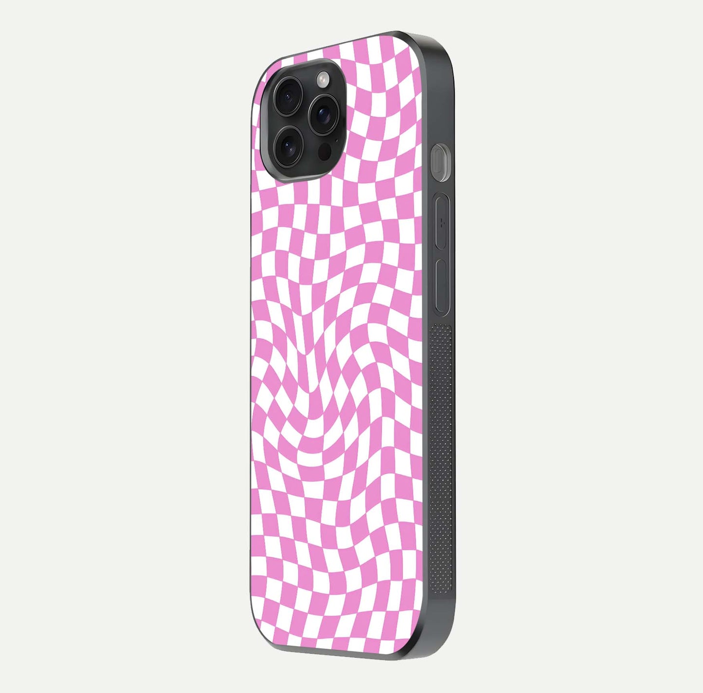 Bubblegum Check Wave iPhone 15 Pro glass phone case side profile view focusing on smooth edges and seamless wrap