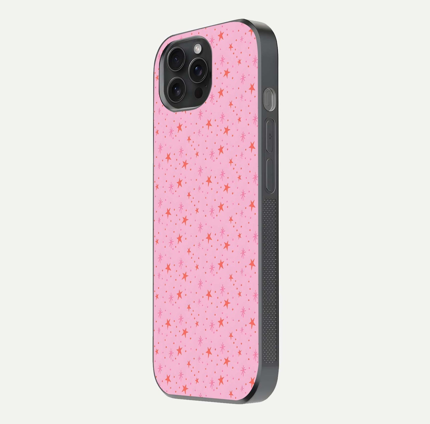 Cosmic Pink Sparkle iPhone 15 Pro glass phone case side profile view focusing on sleek edges and seamless wrap