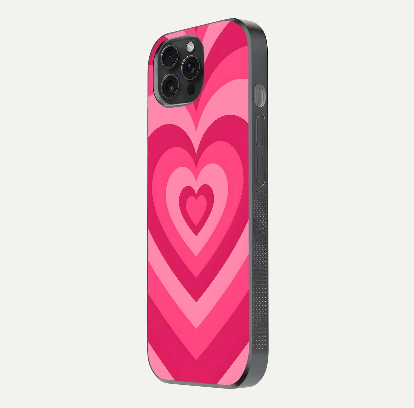 Layered Love Hearts iPhone 15 Pro glass phone case side profile view focusing on sleek edges and seamless wrap