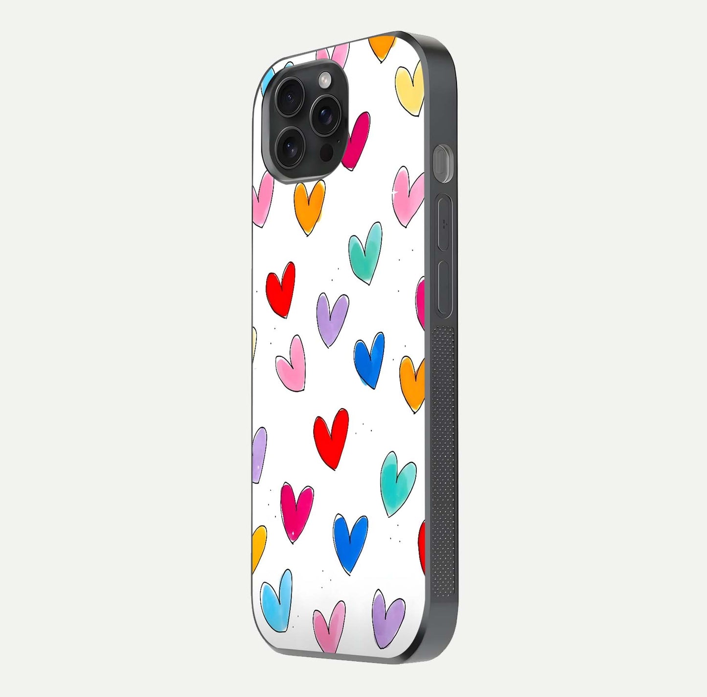 Playful Love Doodles iPhone 15 Pro glass phone case side profile view focusing on smooth frame and seamless wrap