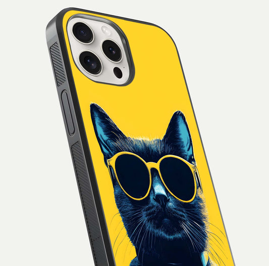 Cool Cat Vibes iPhone 15 Pro Max glass phone case angled back view highlighting cat artwork and textured side grip