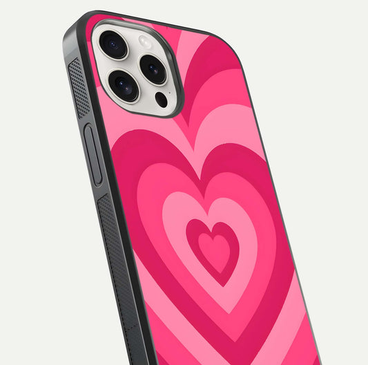 Layered Love Hearts iPhone 15 Pro Max glass phone case angled back view highlighting heart artwork and textured grip edges