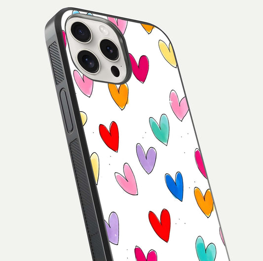Playful Love Doodles iPhone 15 Pro Max glass phone case angled back view highlighting doodle artwork and textured grip edges
