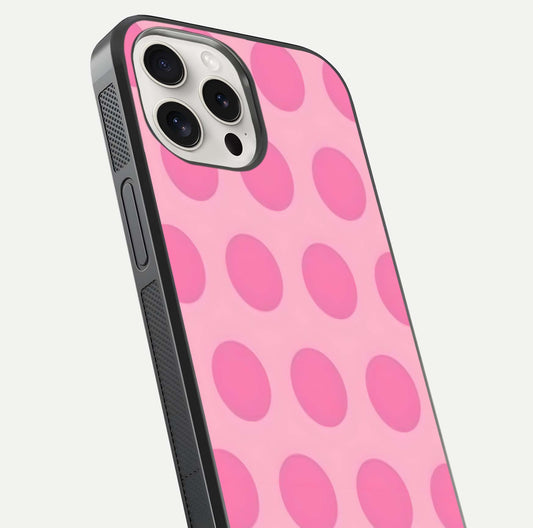 Sweet Dot Dreams iPhone 15 Pro Max glass phone case angled back view highlighting dotted artwork and side grip texture