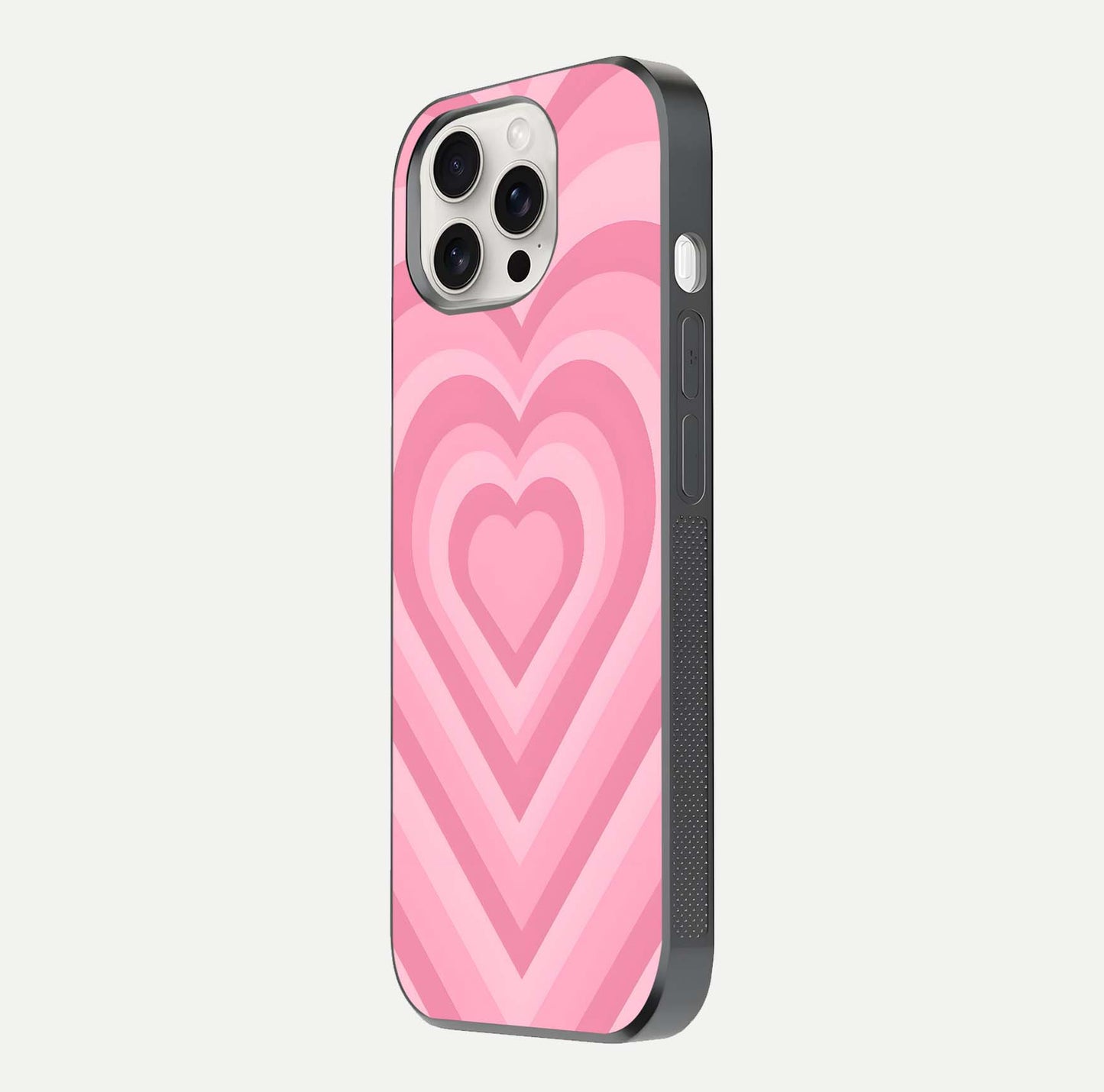 Blush Heart Waves iPhone 15 Pro Max glass phone case side profile view focusing on smooth edges and elegant wrap
