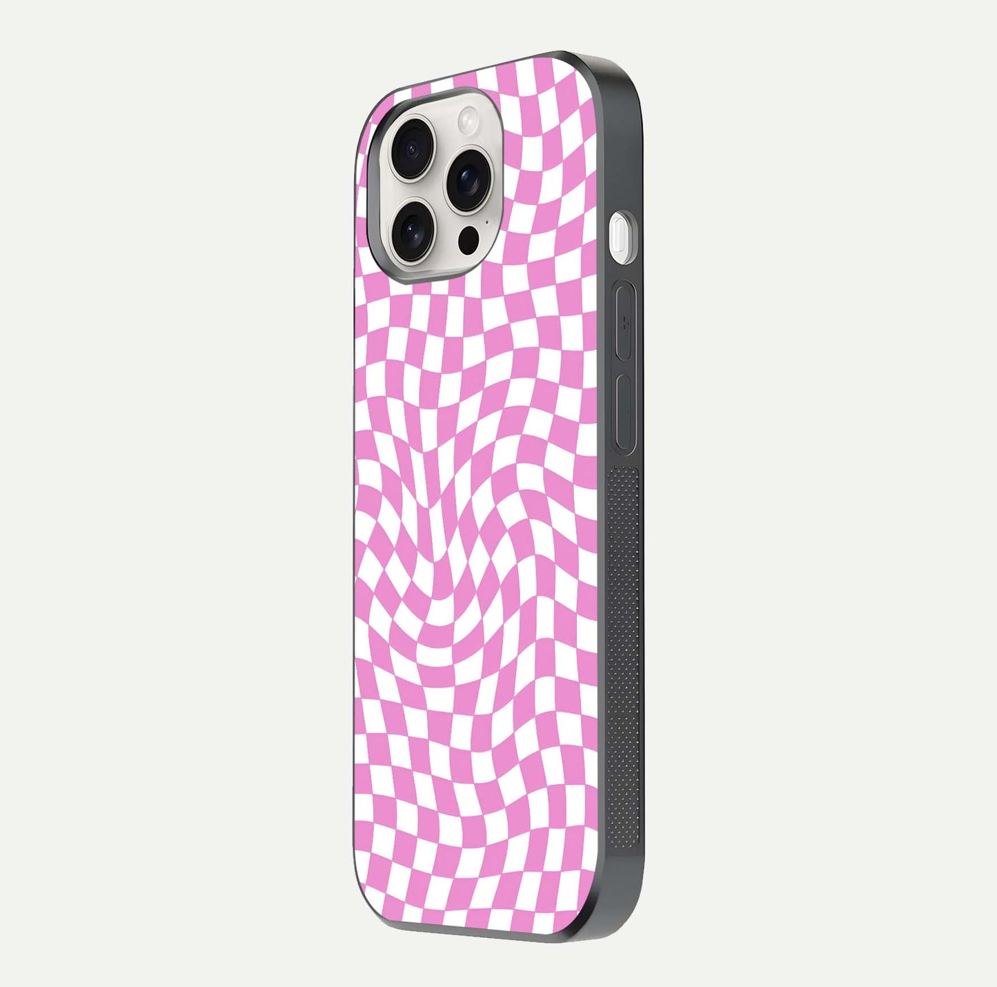 Bubblegum Check Wave iPhone 15 Pro Max glass phone case side profile view focusing on smooth edges and seamless wrap