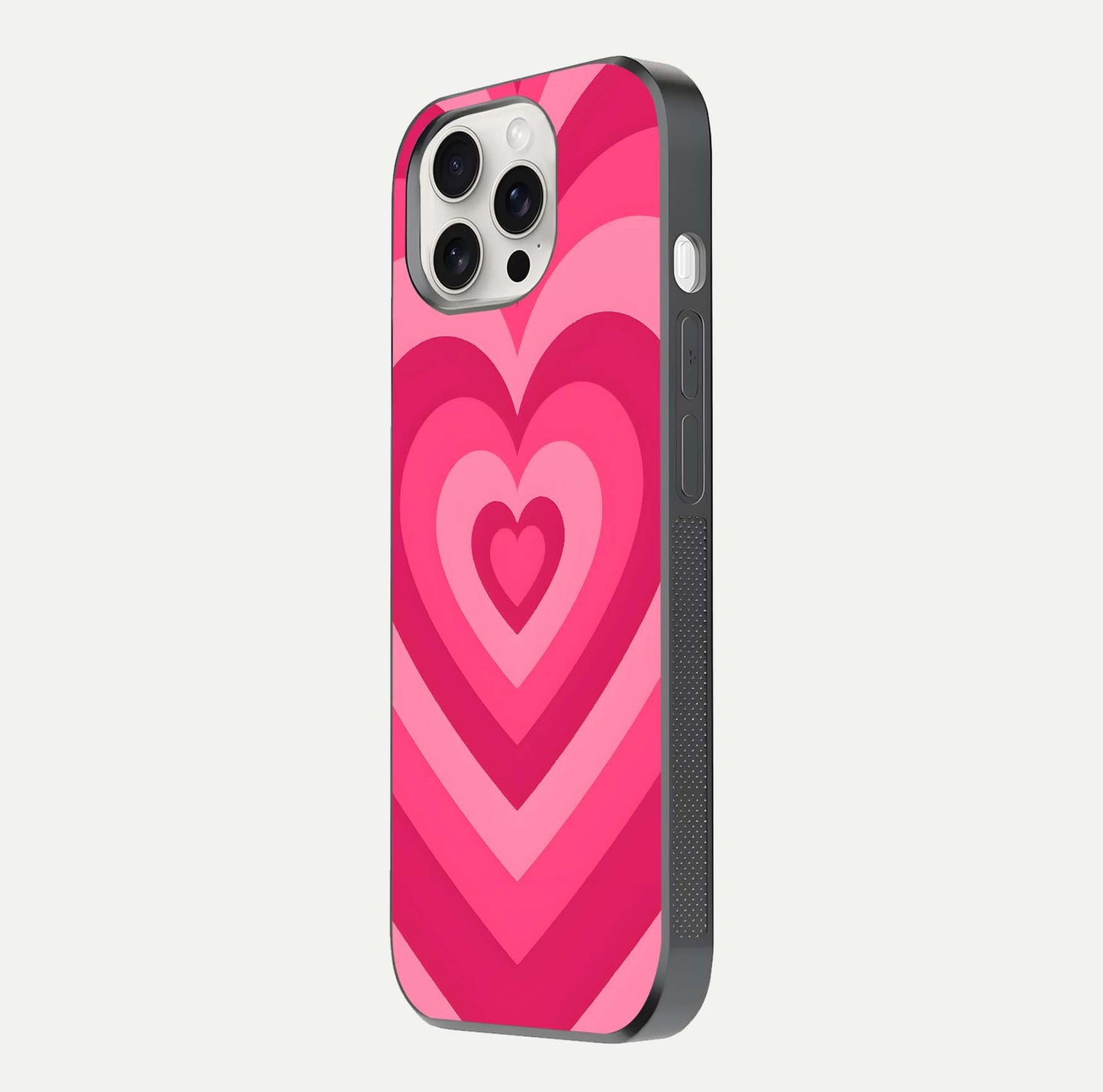 Layered Love Hearts iPhone 15 Pro Max glass phone case side profile view focusing on sleek edges and seamless wrap
