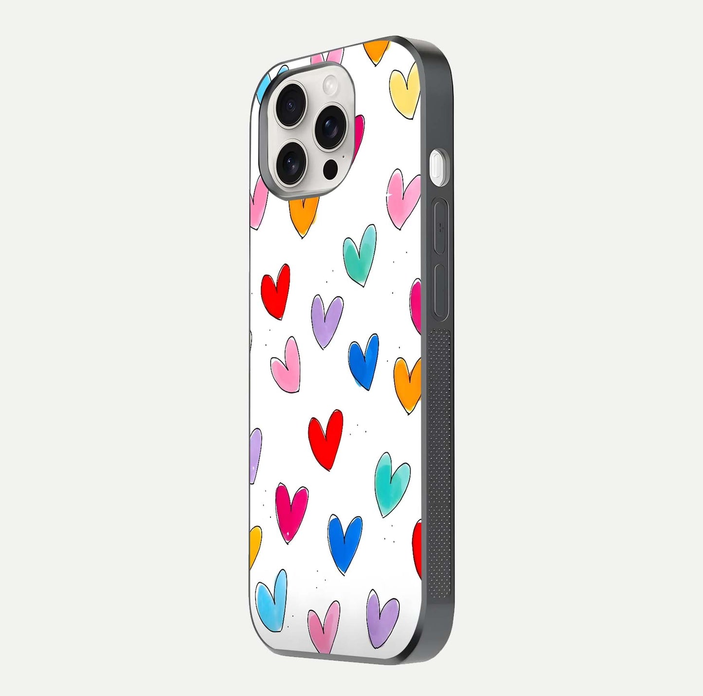 Playful Love Doodles iPhone 15 Pro Max glass phone case side profile view focusing on smooth frame and seamless wrap