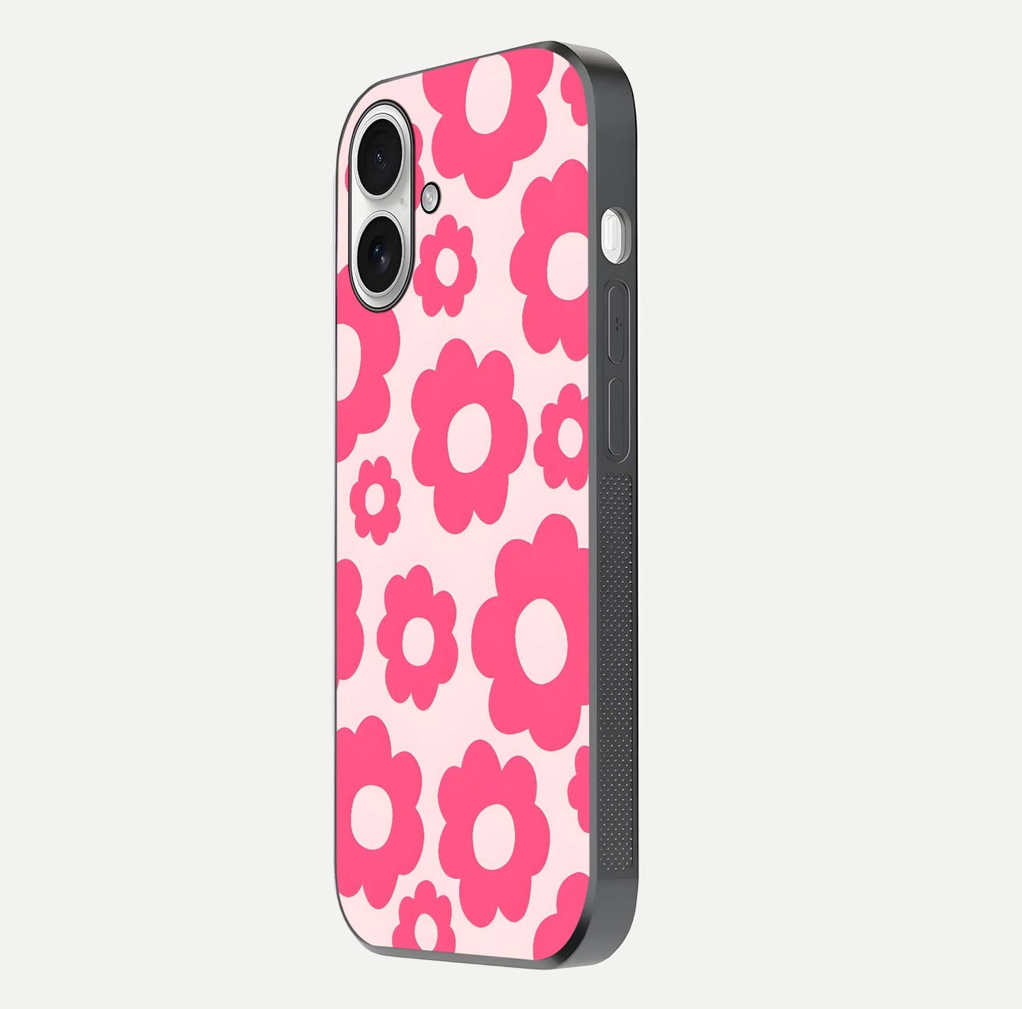 Blush Flower Pop iPhone 17 glass phone case side profile view focusing on clean edges and seamless floral wrap