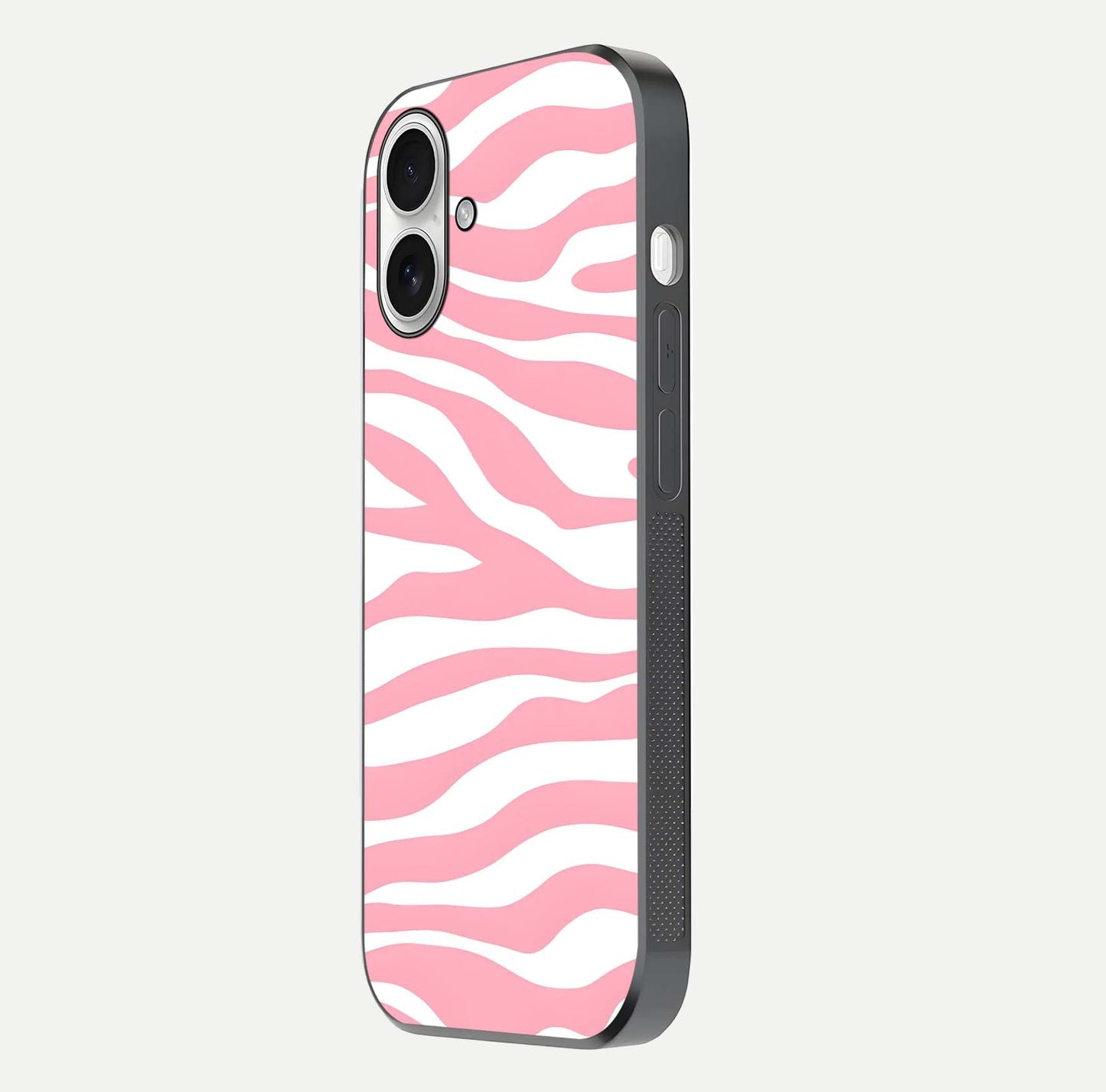 Blush Zebra Flow iPhone 17 glass phone case side profile view focusing on sleek frame and seamless wrap